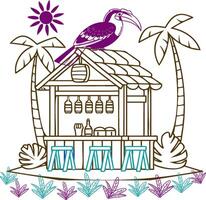 A toucan is perched on top of a hut with palm trees vector