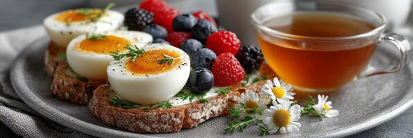 Delicious breakfast with eggs, berries, and tea on a rustic plate. Wellness healthy diet. photo