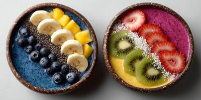 Vibrant fruit smoothie bowls in artistic presentation. Wellness healthy diet. photo