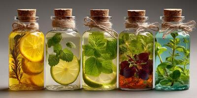 Infused herbal bottles with fruits and herbs for refreshing drinks. Wellness healthy diet. photo