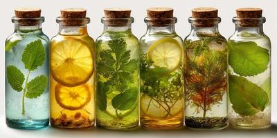 Colorful infused herbal bottles with fruits and leaves displayed in a row. Wellness healthy diet. photo