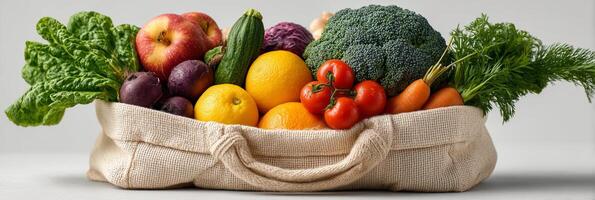 Fresh assorted fruits and vegetables in a woven basket. Wellness healthy diet. photo