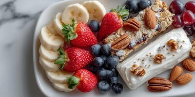 Colorful fruit platter with yogurt and nuts on a marble surface. Wellness healthy diet. photo