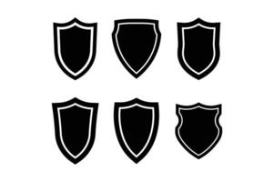 Set of six black shield silhouettes with various shapes and borders isolated on white background vector