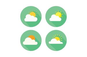Four different weather icons depicting a bright sun peeking from behind fluffy white clouds on green backgrounds. vector