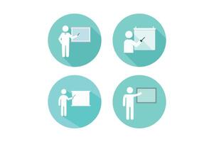 Flat icon of teacher giving presentation on whiteboard, teacher with presentation board icon vector