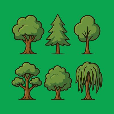 Collection of Six Diverse Cartoon Tree Illustrations