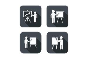 Online teacher pointing at presentation board icons, teacher with presentation board icon vector