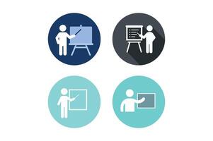 Minimalist presentation and training icons showcasing diverse presentation styles on colorful circles. vector