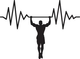 A man silhouette doing a pull-up is seamlessly blended into a heartbeat line design. vector