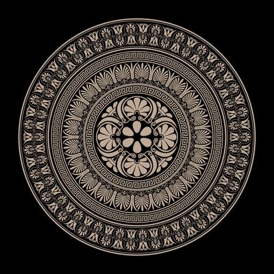 Decorative Gold round frame for design with Greek key, meander. Circle golden frame. Egyptian, Assyrian, Greek motif circular frame. Template for textiles, engraving, forging, embroidery, porcelain
