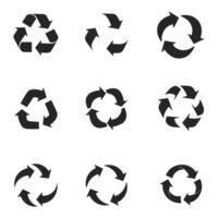 Nine recycle arrows variations set isolated on white background vector