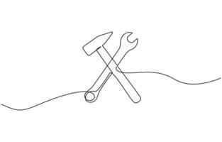 Adjustable wrench and hammer continuous one line drawing illustration. vector