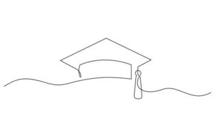 Continuous one line drawing of graduation cap and tube isolated. vector
