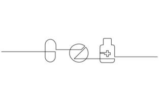 Pharmaceutical components and capsules in a blister pack with drug symbols in a simple linear style. Editable stroke. vector
