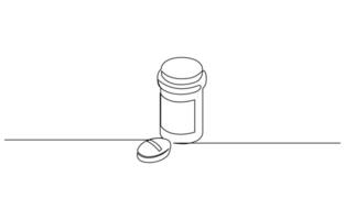 Pharmaceutical components and capsules in container with drugs symbols in simple linear style. vector