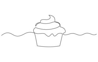 Continuous one line drawing of cup cake. One line drawing illustration, Muffin cake depicted in continuous line art. vector