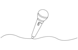 Retro microphone in one line drawing. Music and podcast recording tool, modern minimalistic linear art design. vector
