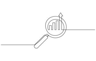 Continuous line magnifying glass and bar graph business. looking icon, fast growing business concept drawing. vector
