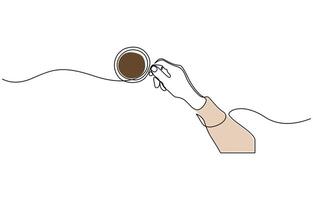 Minimalist one line drawing of a hand holding a cup of tea or coffee, symbolizing relaxation and calmness. vector