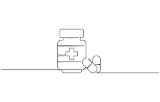 One continuous line drawing of medicine set with pills. Pharmaceutical components and capsules in blister pack with drug symbols in simple linear style. vector