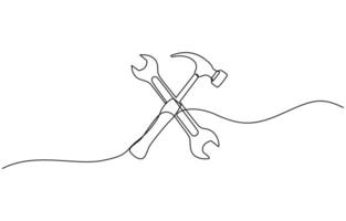 One line drawing of hammer and wrench tools. vector