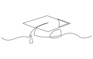One continuous line drawing of graduation cap, hand drawn line art. vector