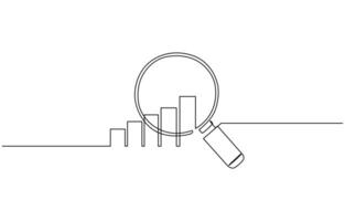 Continuous line magnifying glass and bar graph business. looking icon, fast growing business concept design vector