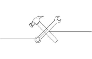 One line drawing of hammer and wrench tools, Adjustable wrench and hammer continuous one line drawing. vector