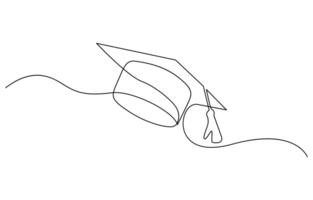 Continuous cap one line art drawing of graduation hat concept outline . vector