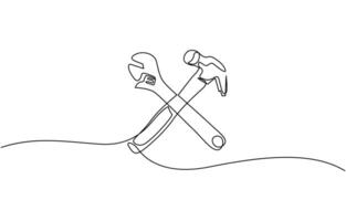 ingle continuous line of screwdriver and wrench. Computer service technology support design element one sketch. vector