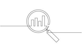 Continuous line magnifying glass and bar graph business. looking icon, fast growing business concept design. vector