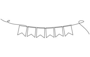 Garland bunting with flags in one continuous line drawing. Birthday and jubilee party decoration in simple linear style. vector