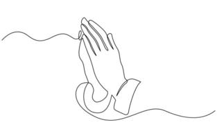 Single line drawing of hands clasped in prayer as a line art. Praying hand one line drawing with editable stroke on white isolated background. vector