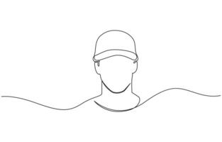 Profile portrait of a young man in a cap. One continuous line drawing of a guy in a cap, Young man in a cap one continuous line drawing vector