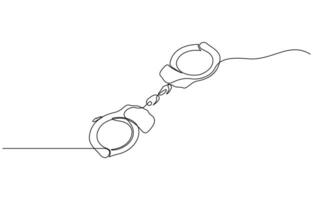 Handcuffs in one continuous line drawing. Symbol of police justice and jail prison concepr in simple linear style. True crime banner with thin editable stroke vector