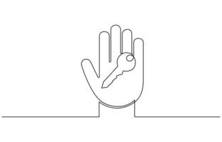 Hand holding a key in continuous line drawing, symbolizing opportunity and unlocking potential.One line drawing of Hand holding a key. Representing property, solution, or security vector