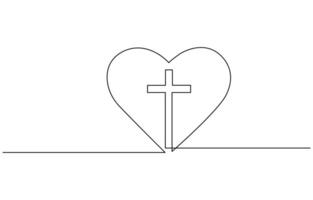 Christian church symbol in continuous line drawing style. Line art of a heart with Christian cross. vector