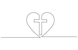 Christian church symbol in continuous line drawing style. Line art of a heart with Christian cross vector