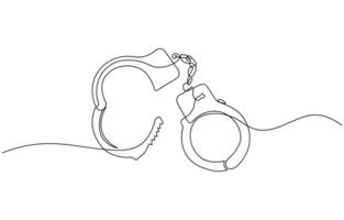 Handcuffs in one continuous line drawing. Symbol of police justice and jail prison concepr in simple linear style. True crime banner with thin, editable stroke vector