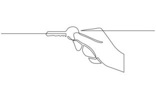 Hand holding a key in continuous line drawing, symbolizing opportunity and unlocking potential.One line drawing of Hand holding a key. Representing property, solution, or security concept vector