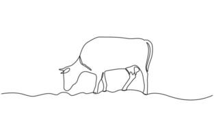 Continuous line of cows eating grass. one line drawing of cow farm. single line illustration design.. vector