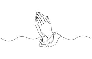 Single line drawing of hands clasped in prayer as a line art. Praying hands one line drawing with editable stroke on white isolated background. vector