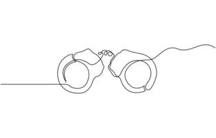 Handcuffs in one continuous line drawing. Symbol of police justice and jail prison concepr in simple linear style. True crime banner with thin, editable stroke. vector