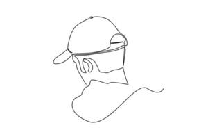 Profile portrait of a young man in a cap. One continuous line drawing of a guy in a cap, Young man in a cap one continuous line drawing. vector