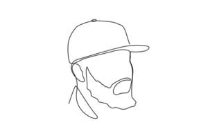 Profile portrait of a young man in a cap. One continuous line drawing of a guy in a cap, Young man in a cap one continuous line art design. vector