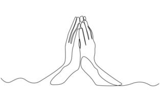 Single line drawing of hands clasped in prayer as a line art. Praying hands one line drawing with editable stroke on white isolated background vector
