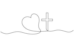 Christian church symbol in continuous line drawing style. Line art of a heart with Christian cross, EPS 10 vector