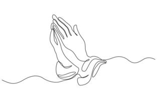 Continuous single line drawing of hands clasped in prayer as a line art. Praying hands one line drawing with editable stroke on white isolated background vector