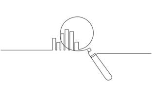 Continuous line magnifying glass and bar graph business. looking icon, fast growing business. vector